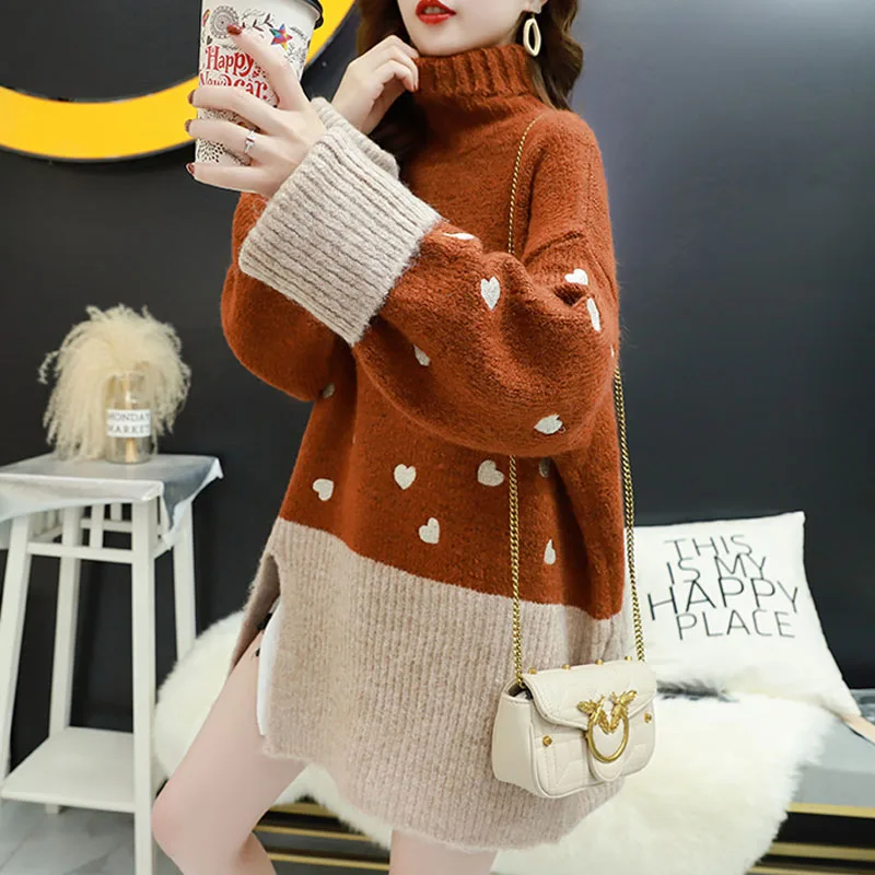 

2022 Women Korean Autumn Knitted Pullovers Patchwork Splicing Color Sweater Jumper Female Turtleneck Oversized Sweater Christmas