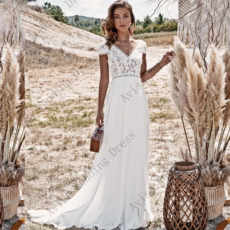 

Boho Wedding Dress Short Sleeves Lace Appliques Vestido De Novia 2024 Sexy Chiffon Women Bride Gowns Beach Party Dresses