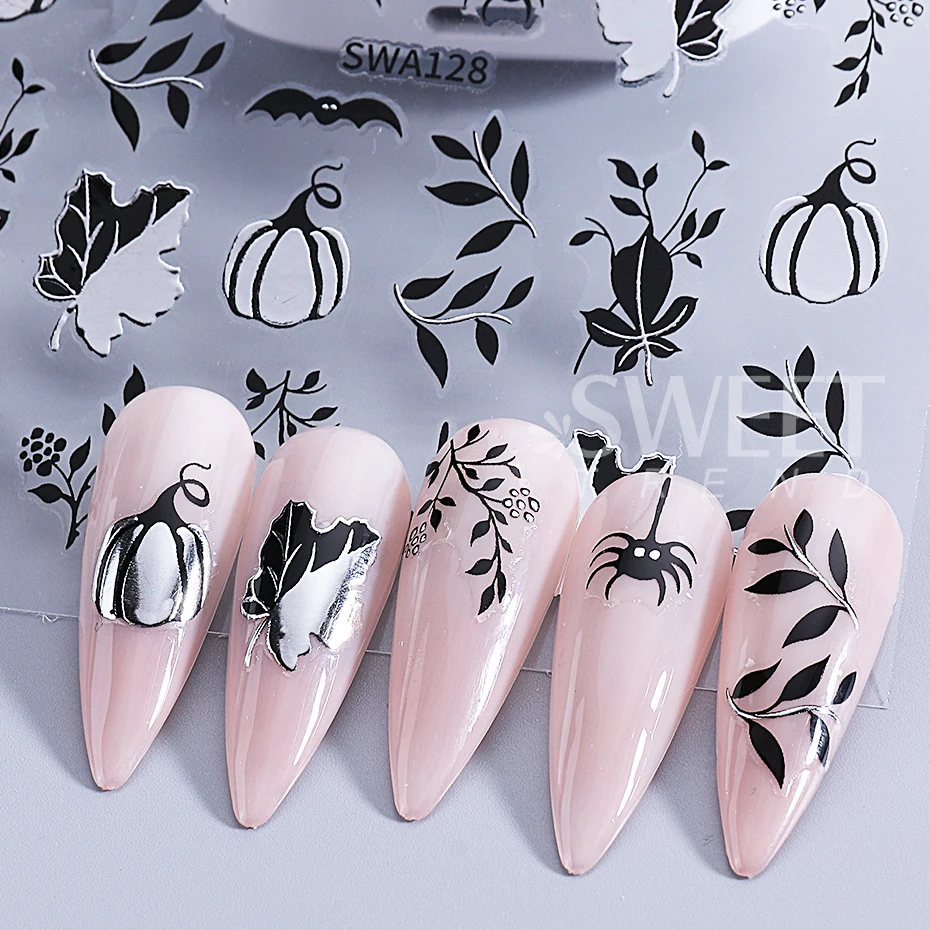 4pcs Halloween Nail Stickers 3D Metal Love Spider Web Ghost Pumpkin Maple Leaf Self-Adhesive Nail Decals DIY Manicure Decoration