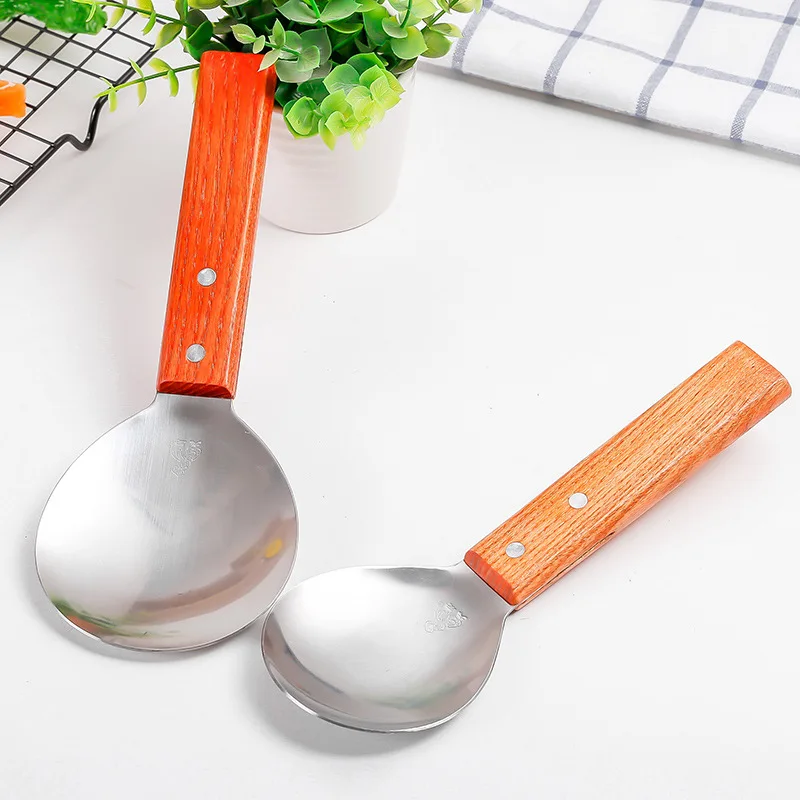 304 Stainless Steel Rice Spoon Wooden Handle Kitchen Shovels Thick Anti-scalding Mixing Spoons Table Service Non-stick