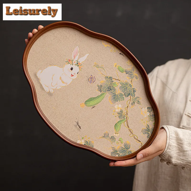 Bamboo Wood Glass Jade Rabbit Begonia Tea Tray Snack Plate Coffee Storage Board Organizers Desk Dishes For Serving Tea Ceremony