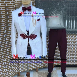 Classic White Jacquard Men Wedding Suit 3 Piece Jacket Burgundy Vest Pants Slim Fit Shawl Lapel Mens Suits Groom Wedding Dress