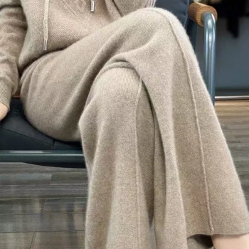 Pantaloni a gamba larga lavorati a maglia in lana merino da donna Autunno Inverno Pantaloni basic morbidi e caldi in maglia di cashmere Casual stile semplice coreano 1