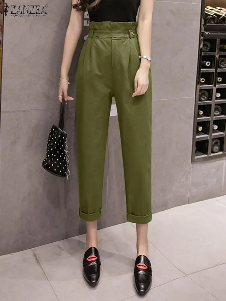 

ZANZEA Casual Straight Cropped Pantalons Women High Waist Long Pants Vintage Solid Belted Trousers 2023 Autumn Pockets Capris