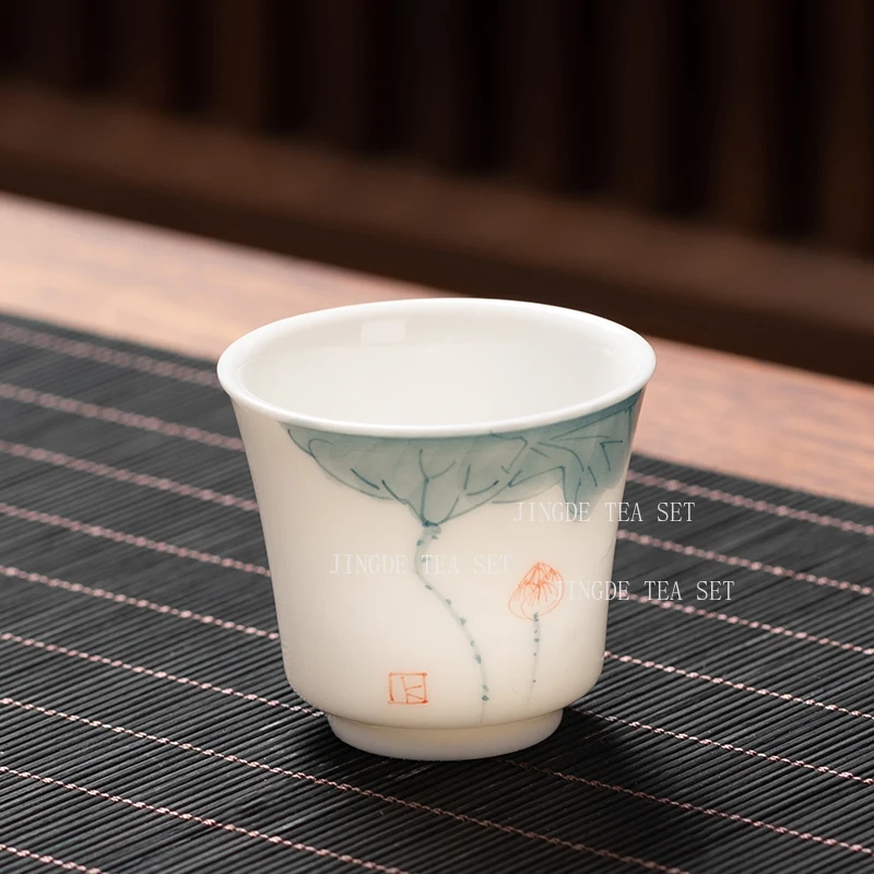 1pcs Hand Drawn Small Tea Cup Made of Sheep Fat Jade Household High-end Tea Cup Ceramic Drinking Utensils Tea Set Accessories