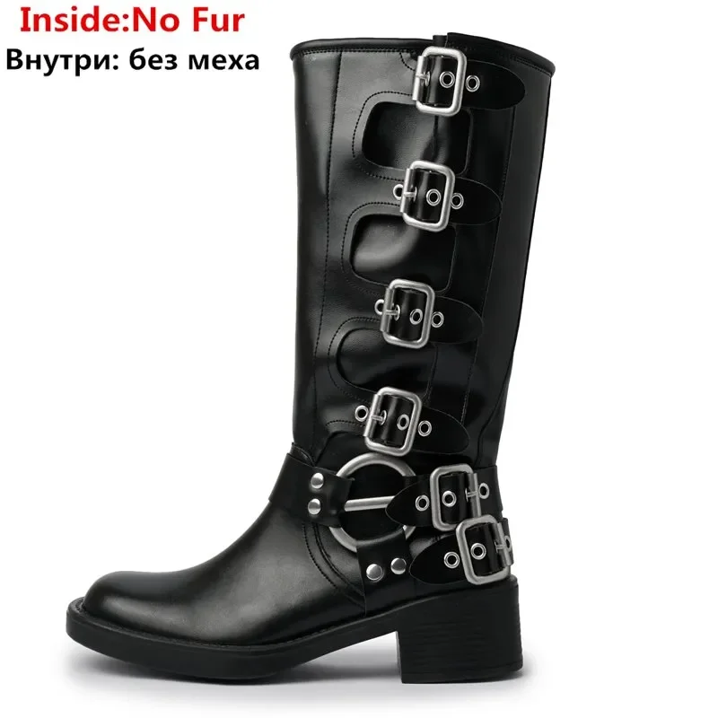 

New Genuine Leather Boots Women Punk Buckle Knee High Boots Square Heels Black Brown Autumn Winter Motorcycle Boots