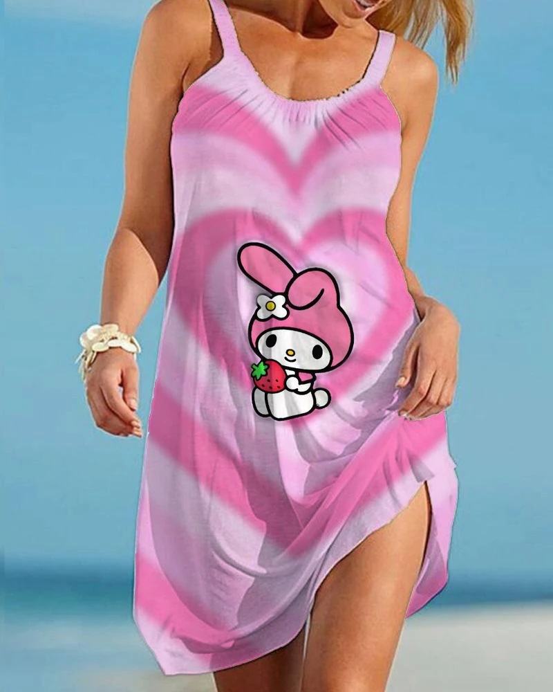 

New Hello Kitty sexy beach skirt 3D print cartoon women's sleeveless dress Hawaiian retro beach skirt girls' suspender pajamas