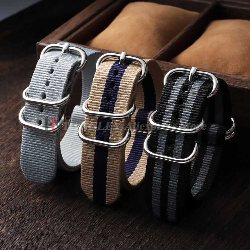 Ribbed Nylon Military-Style Watch Band with Ring Buckle - Army Green