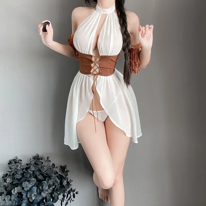 Women Lingerie Women Lingerie Set Sexy White Mesh Halter Dress Brown Corset Waist Western Cowgirl Greek Goddess Fusion