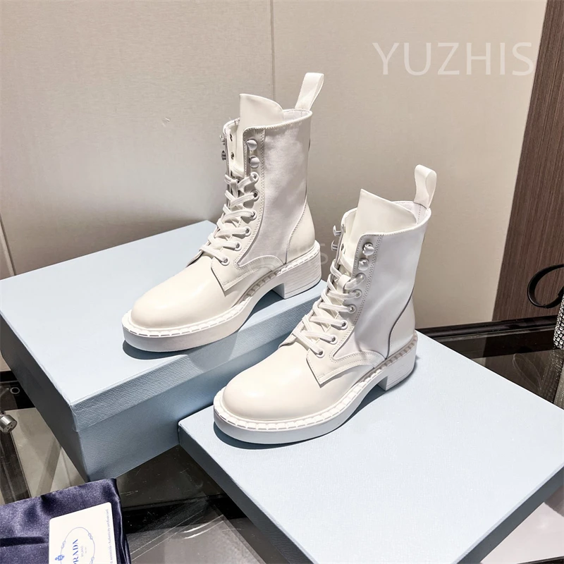 

New Genuine Leather Luxury Design Women Motorcycle Boots Fashion Lace Up High Platform Heel Boots Ladies Elegant Mid Calf Boots