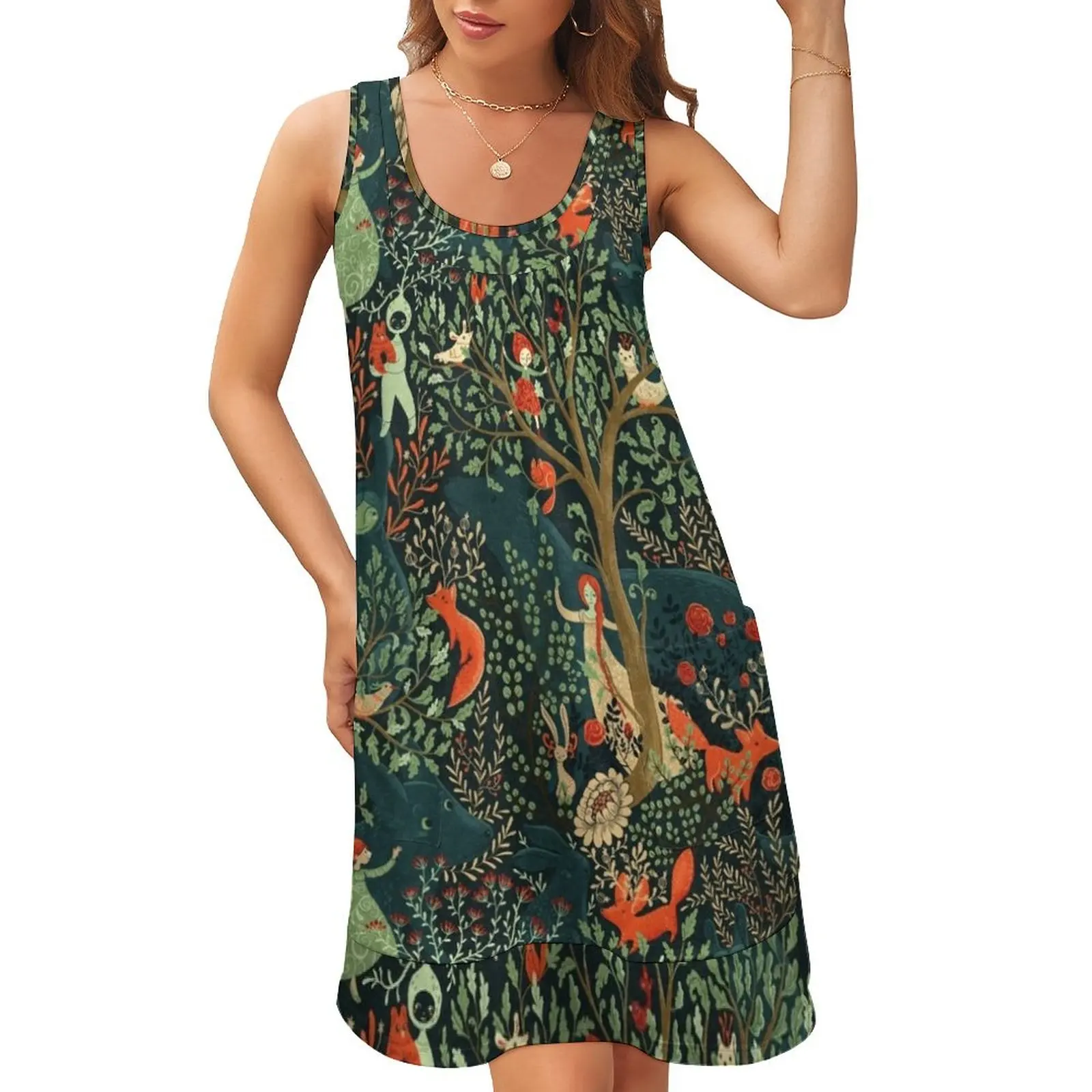 

Whimsical Wonderland Sleeveless U-Neck Fake Two Piece Dress Women's long dress