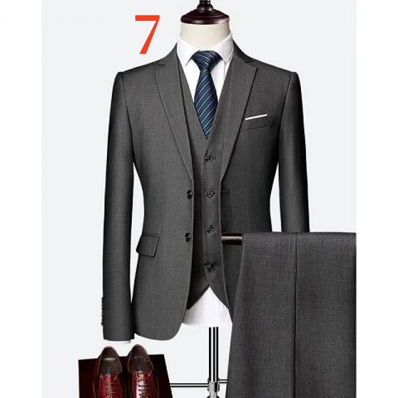 F28-New Men's Slim Fit Large Size Suit Three-piece Suit Solid Color Casual