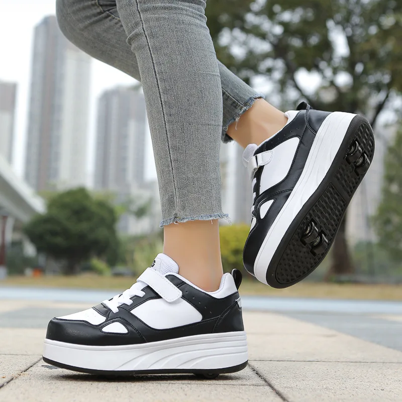 New Four Wheels Women & Girls PU Leather Children Roller Shoes Fashion Boys Sneakers Breathable Kids Skates Size 30-40