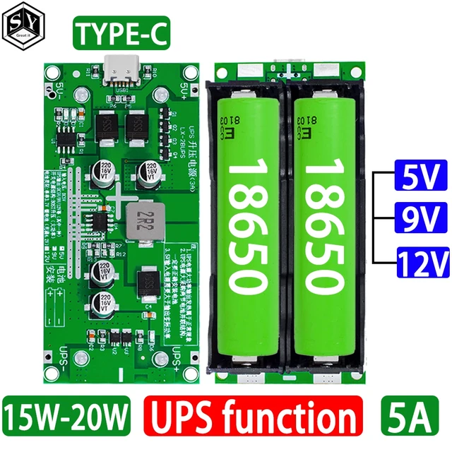 Type-C 15W 3A 18650 Lithium Battery Charger Module DC-DC Step Up Booster Fast Charge UPS Power Supply / Converter 5V 9V 12V 1