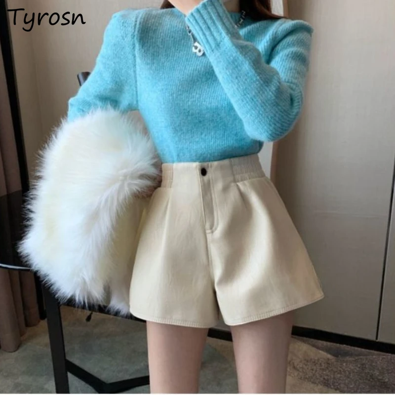 

Shorts Women PU Elastic Waist Sexy Design Pockets Korean Style Ladies Wide Leg Loose Summer All-match Simple Streetwear Fashion