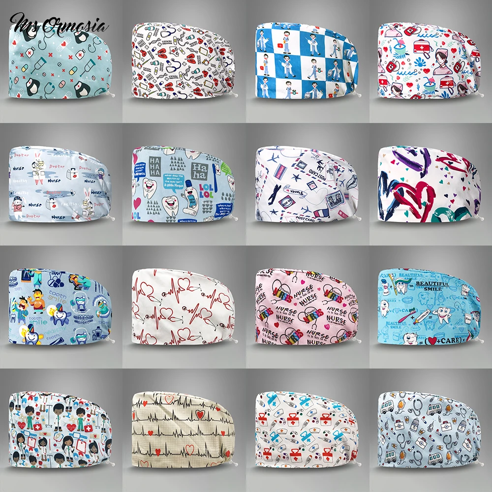 Unisex Soft Scrub Cap Cartoon Printing Nurse Scrubs Hat Women Men