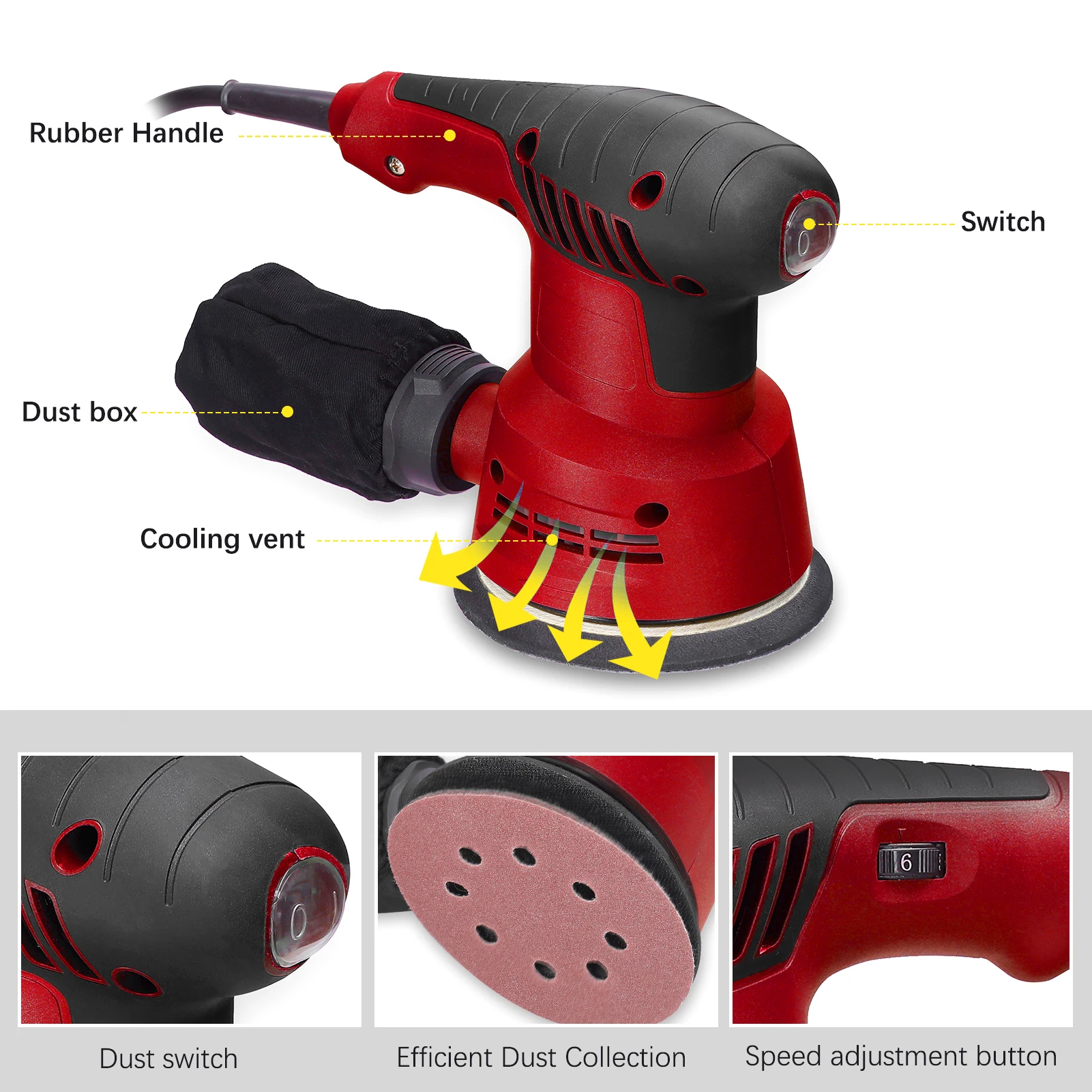 300W Handheld Electric Eccentric Sander 5 Inch 125mm Sanding Plate Electric Sander Wood Processing Furniture Car Polishing
