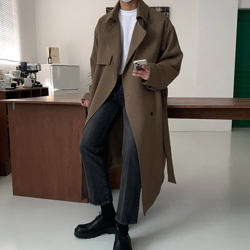 Men Trench Coat British Style Solid Double Breasted Oversize Leisure Long Windbreaker Korean Style
