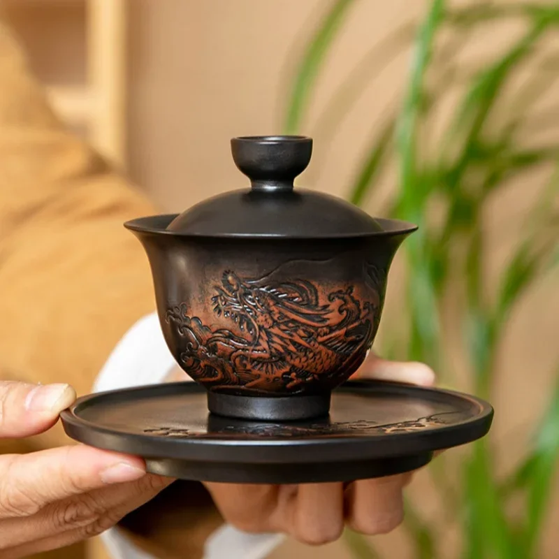 Purple Pottery Vintage Gaiwan Ceramic Process Carving Tea Tureen Pigmented Kung Fu Drinkware