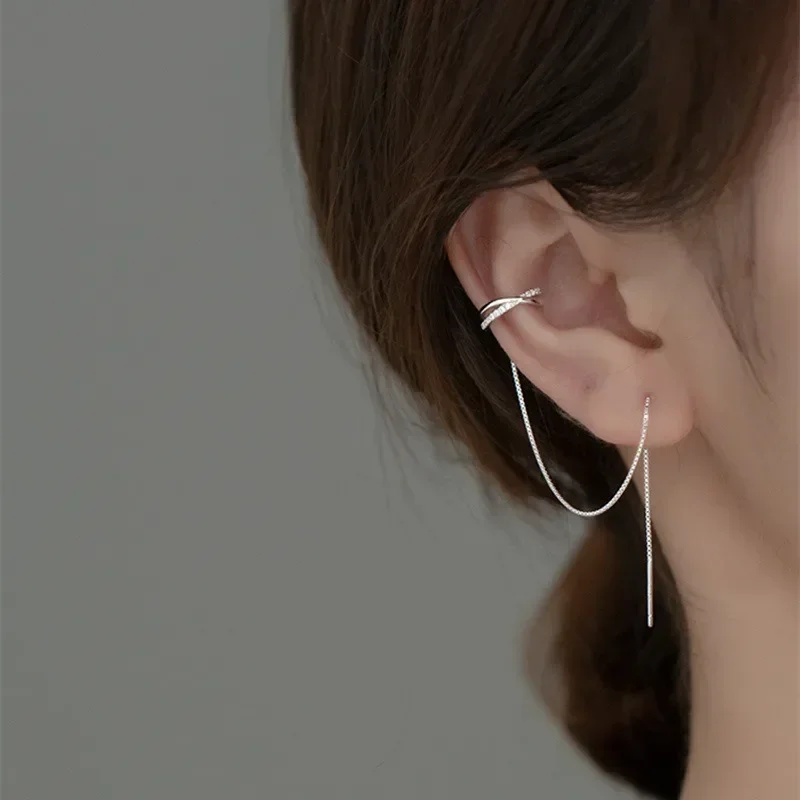 Ear Clip Earrings Non-Piercing Cuff For Women Tassel Rhinestone Chain
