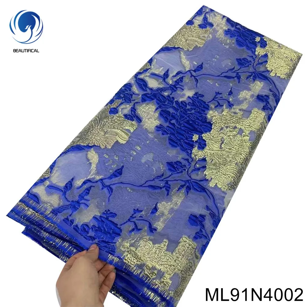 

New Fashion Gold with Dark Blue Brocade Jacquard Lace Nigerian French Mesh Tulle Lace Fabric for Party Dress ML91N40
