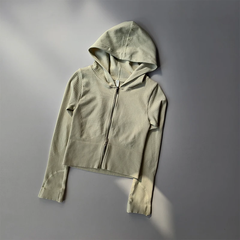 thumbnail image 1 of Chaqueta deportiva ajustada con doble capucha para mujer, camisas para correr, entrenamiento, traje de Yoga, cárdigan de manga larga con cremallera, abrigo superior para Pilates, 1 of 6