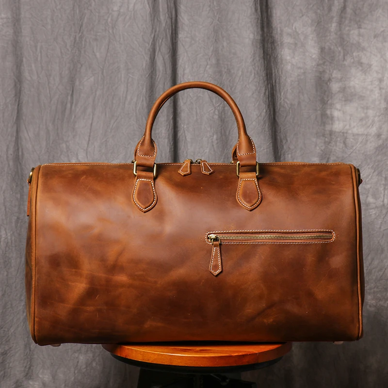 Leathfocus Men's Cowhide Travel Bag Women's Weekend Handbag Large Capacity Vintage Duffle Bag Crazy Horse Leather Laptop