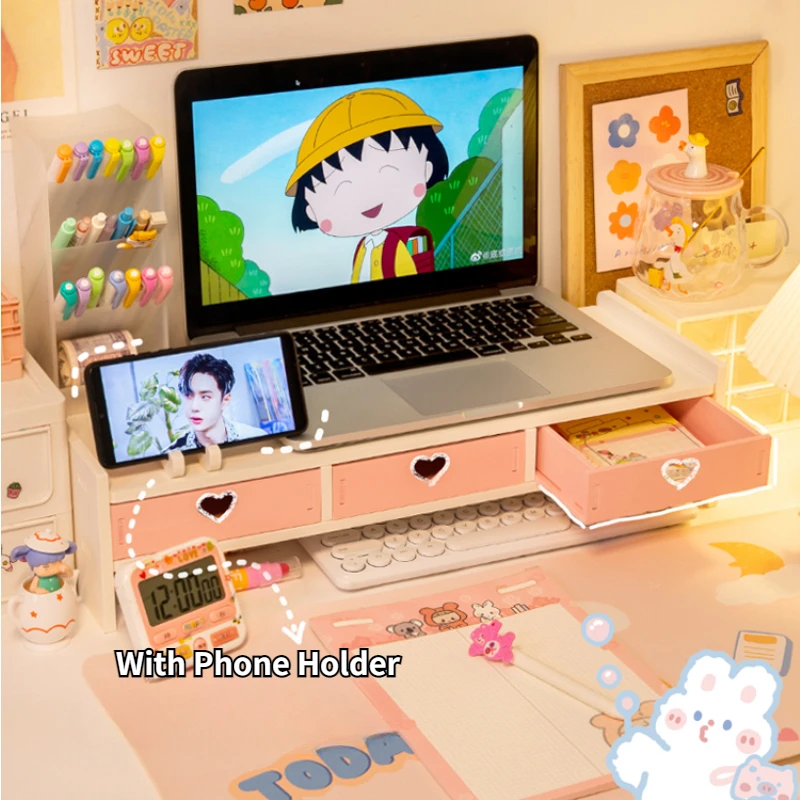 Kawaii 데스크탑 모니터 스탠드 나무 컴퓨터 노트북 서랍이있는 높은 스탠드 데스크 스토리지 주최자 핑크 귀여운 모니터 스탠드