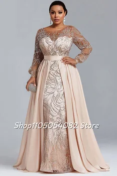 Abito da madre della sposa con scollo rotondo scintillante lussuoso personalizzato, manica lunga, orlo a trapezio con perline