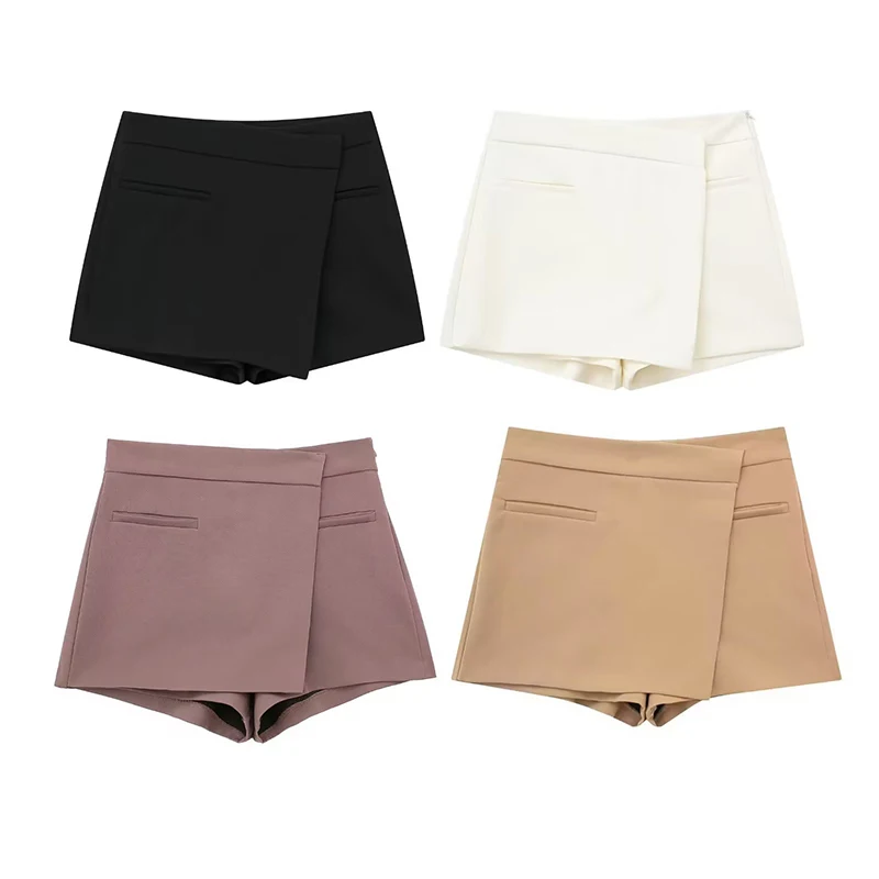 

TRAF 2023 Asymmetric Skirt Shorts for Women High Waist Shorts Women Autumn Office Skort Streetwear Wrap Style Women's Shorts