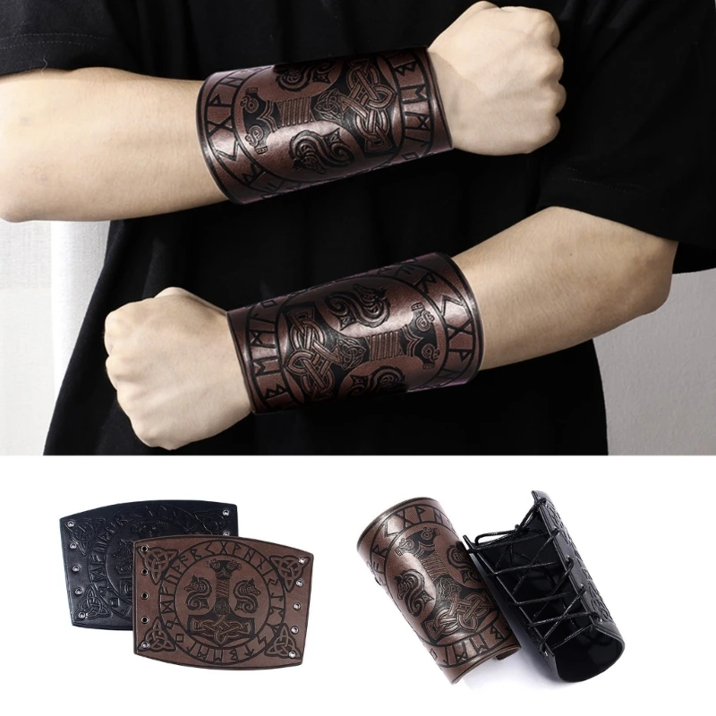 

Medieval Gothic Armor Gloves Wide Cuffs Bracers Punk Warrior Renaissance Pirate Knights PU Leather Lace-up Wristband