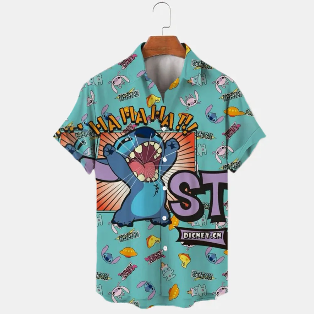 

2022 Disney Stitch Cute Cartoon Stitch Shirt Men's Cartoon Ohana Lilo Stitch Pattern Cute Anime Top Harajuku Lapel Clothing