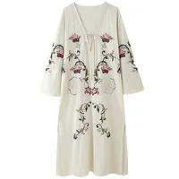 Summer 2025 New Women's Loose Design Sense Flower Embroidery Long Dr Mid-Length A-Line Skirt Sle V-Neline Long Sve - Image 5