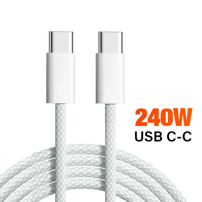Premium White Braided 240W 60W USB-C Charging Cable, 2M Length