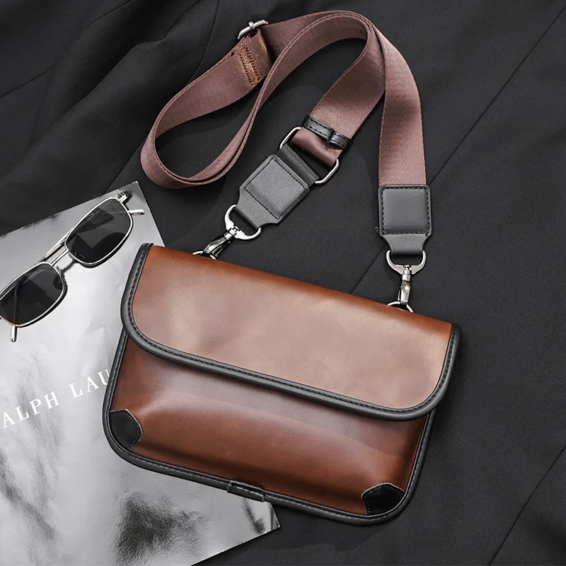 Luxury Plaid Crossbody Bag Men Brand Design PU Leather Shoulder