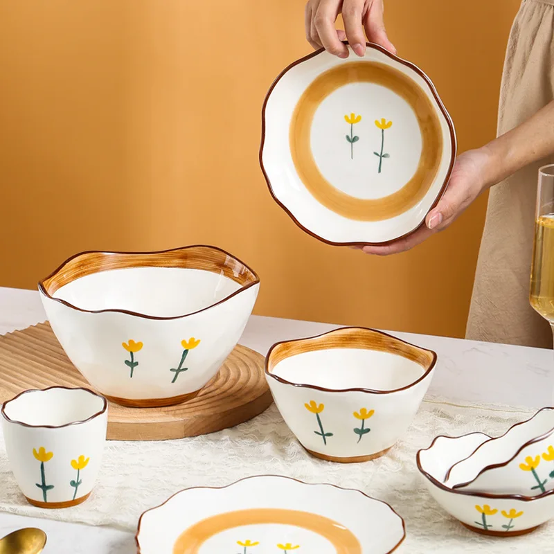 

Hand Painted Bowls Dishes Plate Small Yellow Flower Household Ceramic Noodle Rice Salad Bowl Creative Irregular Kitchen Utensils
