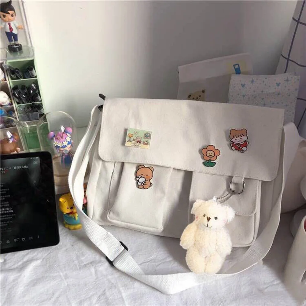Student Cute Shoulder Bag Japanese Harajuku Crossbody Bags Large Tote Handbags with Pendant Badges Women Canvas Messenger Pouch