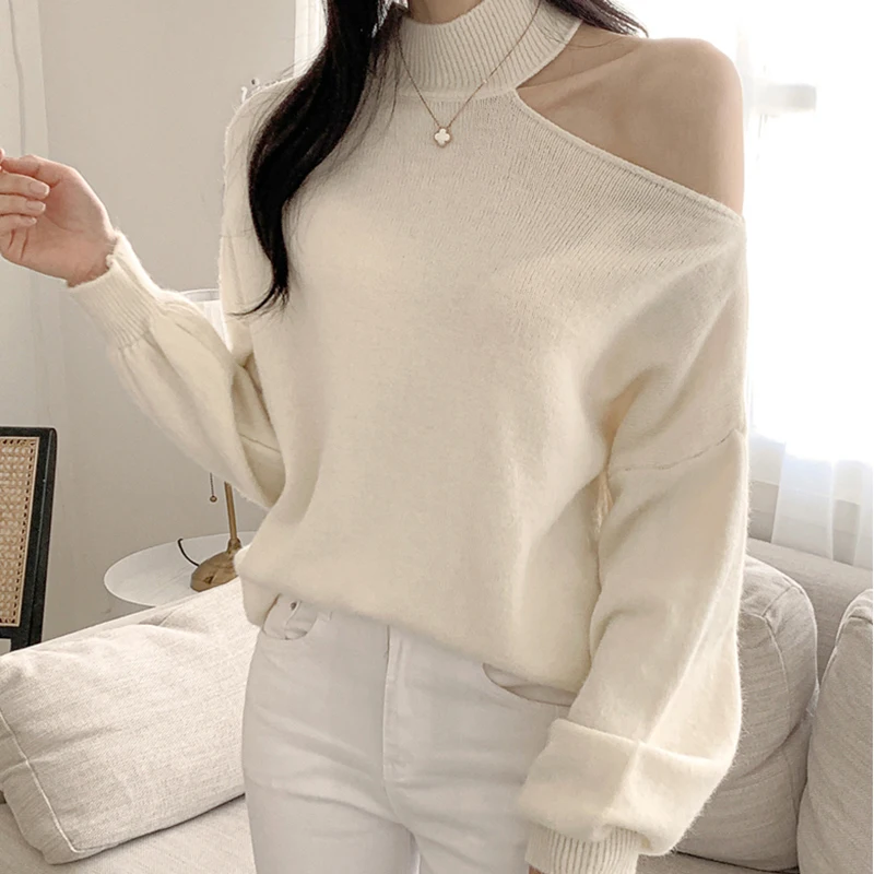 Chic Autumnal Loose Long Sve Knitted Sweater Women's Ne Hanging oulder Design Casual Comfortable White Knitted Top