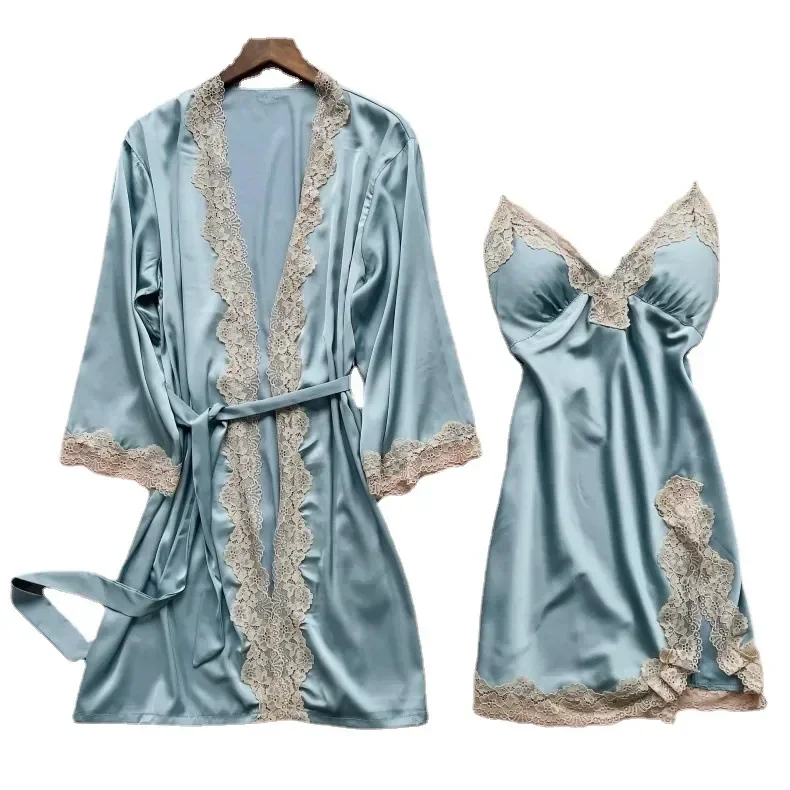 

Lace Summer Bath Home Nightgown Bathrobe Dressing Women Trim Sexy Split Robe Casual Bride Clothes Gown Floral Sling Sets