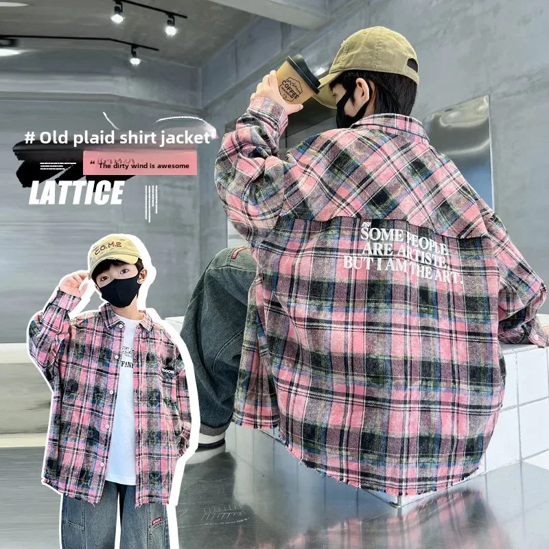 Early Autumn Plaid Shirt Jacket for Boys Loose Fit Children's Clothing Spring Autumn Kids Outfit Streetwear Boy's Top