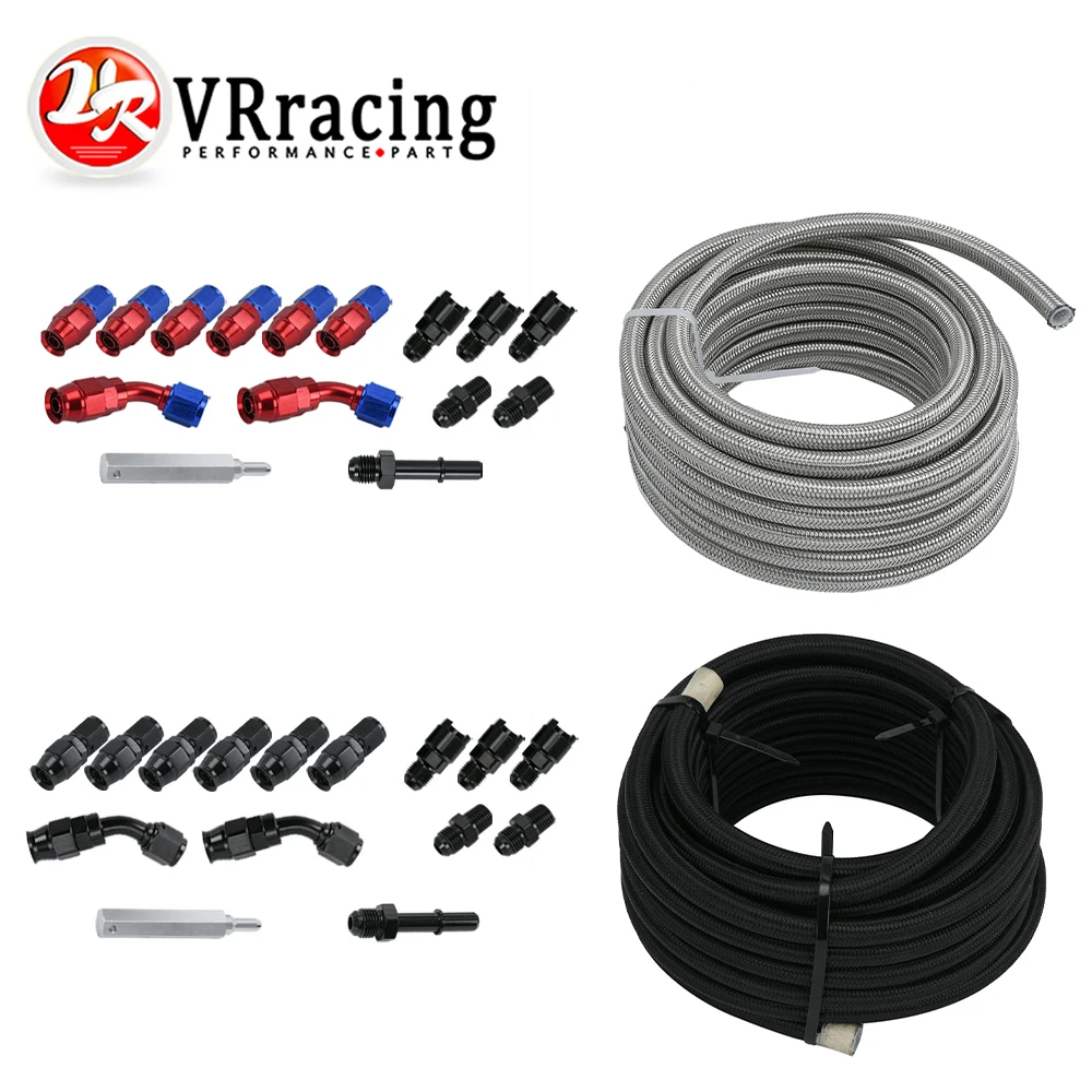 

25 FT 6AN 3/8" PTFE Stainless Steel Braide Oil Fuel Hose Line +AN6 Oil Fuel Fittings Hose End 0 45 Degree Oil Adaptor Kit