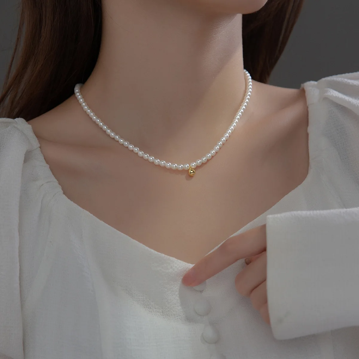 

42cm Pearls Necklace For Women On Neck Silver 925 Necklaces Women Bean Pendant Girls Fashion Jewelry Synthesis Pearl Minimalist