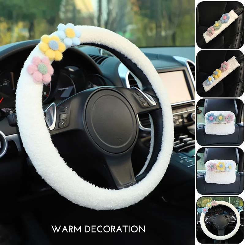 Plush Flowers Car Steering Wheel Cover Seat Belt Cover Shoulder Pad Lamb Fleece Tissue Box Car Styling Cute Accessories Women