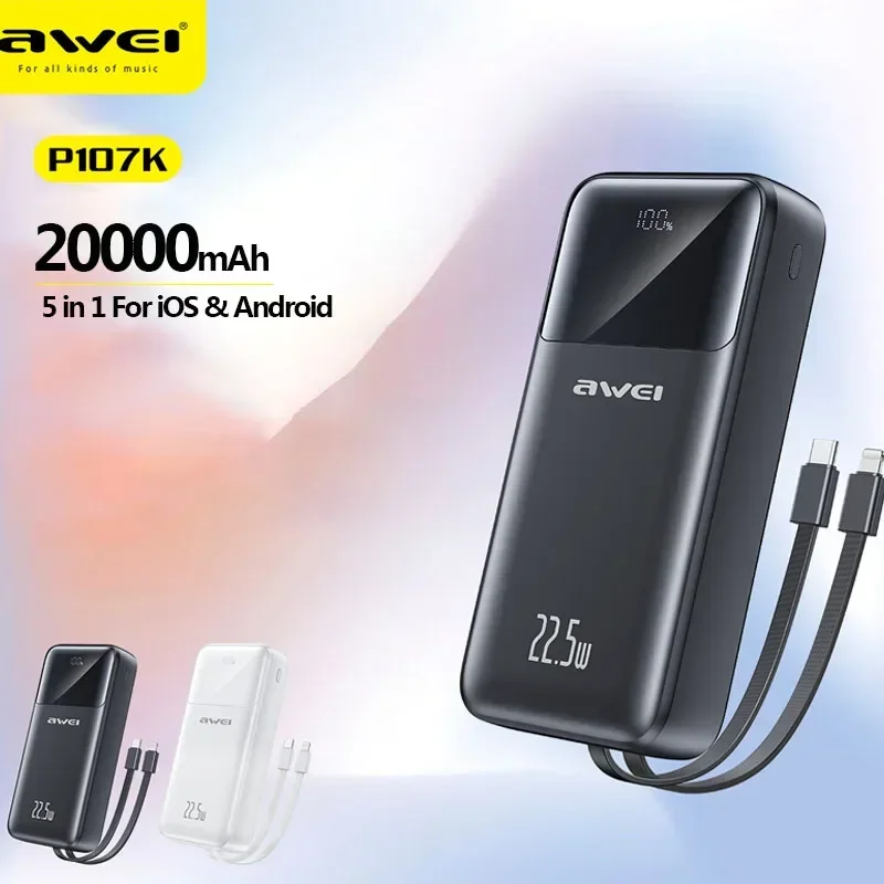 

Внешний аккумулятор Awei P107K 5 в 1, 20000 мАч, с кабелем Lightning и Type C, PD22.5W, быстрое зарядное устройство для iOS и Android
