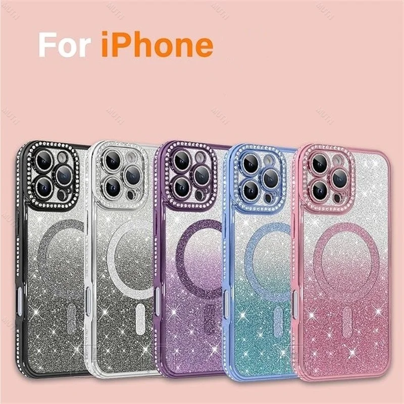 غطاء خلفي مغناطيسي لامع لامع لهاتف آيفون 17 اير 16 برو ماكس 11 12 13 14 15 بلس حافظة ماسية Magsafe للفتيات والنساء