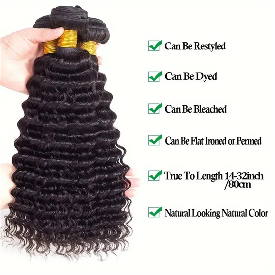 Deep Wave Bundles Human Hair 100% Unprocessed Brazilian Virgin Remy Weft Extensions Natural Black Color 8-32 inch