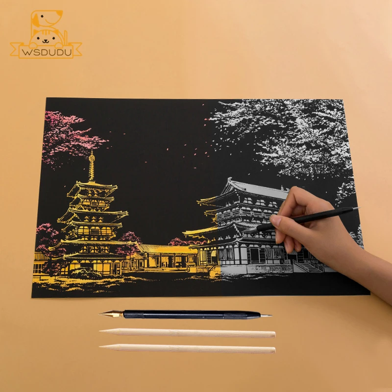 4 Sheets Scratch Art Paper Set Animals World Landmarks Painting Toy with Stylus Magic DIY Stress Relief Craft Kids Adults Gift scratch art paper set