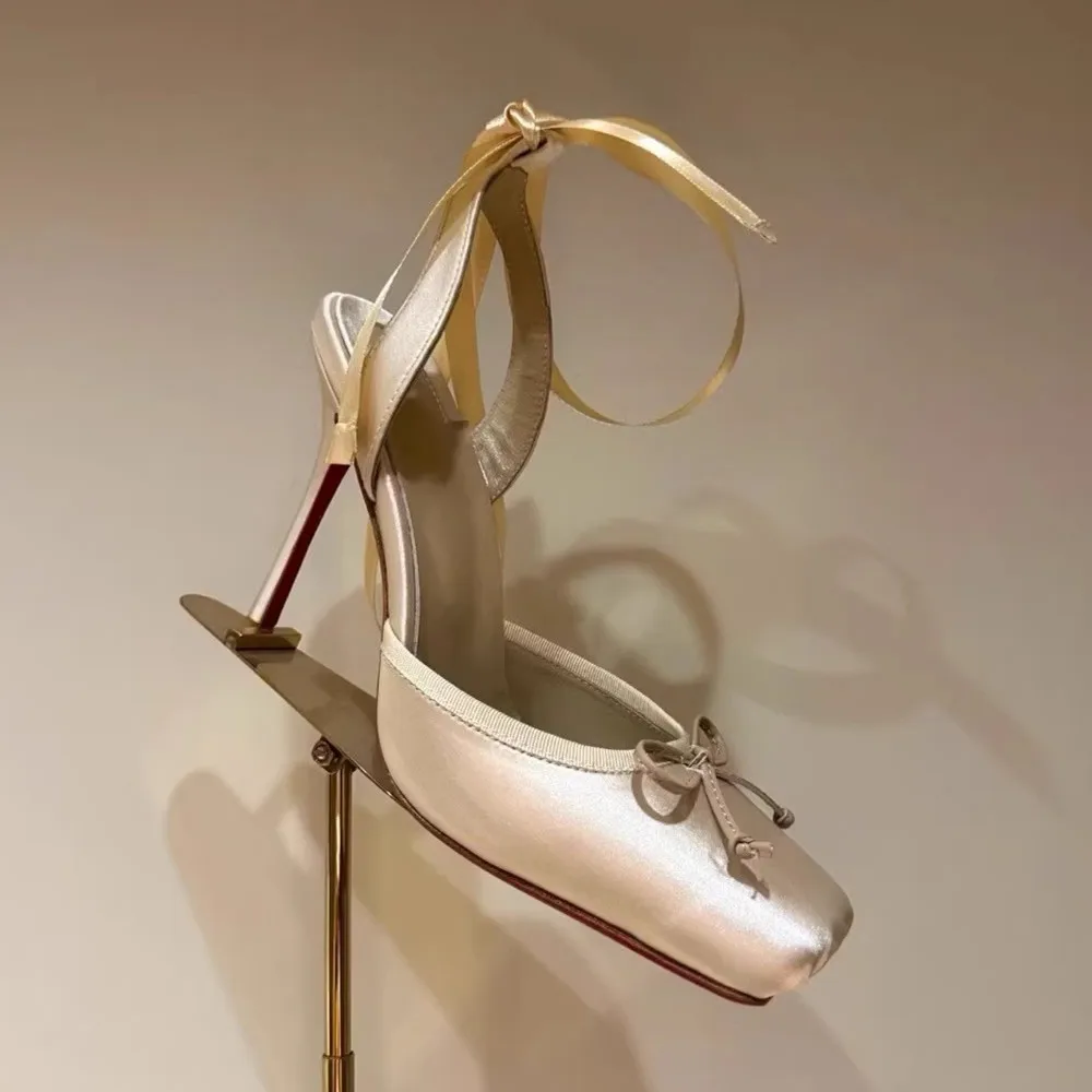 2025 Women Summer High Heeled Shoes for Woman's Square Toe Thin Heels Butterfly-Knot Pumps Sexy Ladies Ankle Strap Wedding Shoes 5