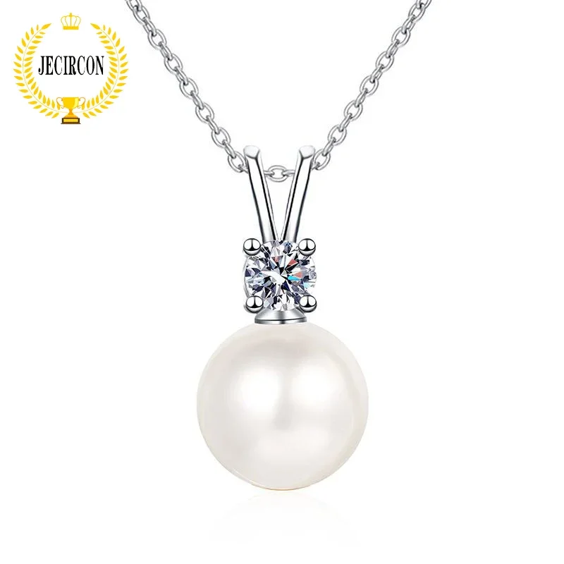 

JECIRCON-925 Sterling Silver Moissanite Necklace for Women Freshwater Pearl Pendant Clavicle Chain Valentine's Day Gift 0.1ct