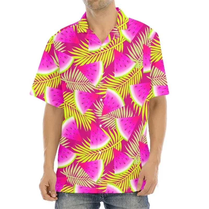 thumbnail image 1 of Camisas hawaianas con estampado completo de frutas y sandía para hombre, camisas casuales de manga corta con botones para playa, camisetas de vacaciones para hombre, 1 of 5